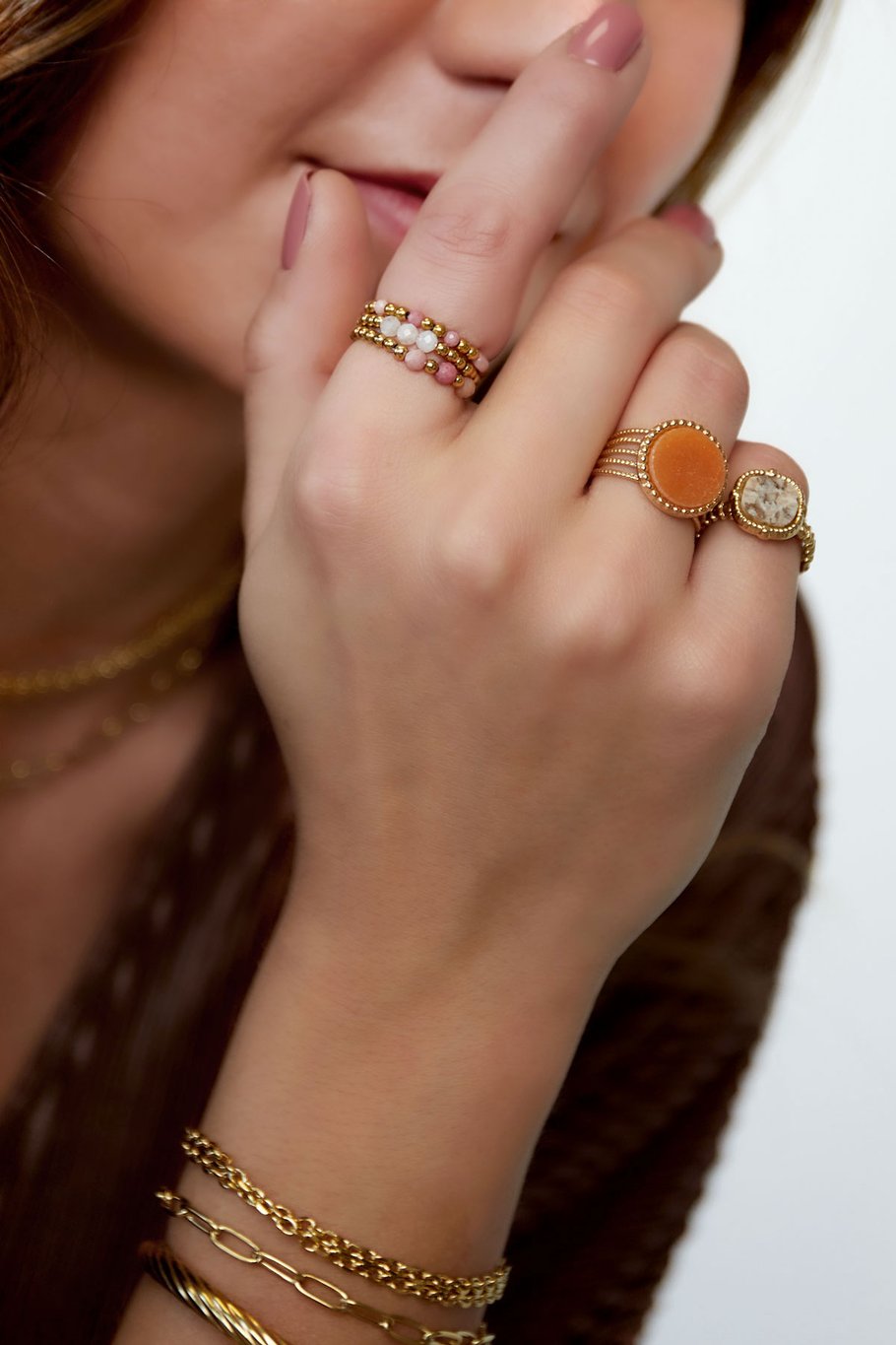 Statement-Ring Stein - Beige - Naturstein-Kollektion Beige &amp; Goldfarbe Edelstahl One size Bild4